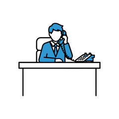 Businessman in Blue Suit Talking on Vintage Telephone at Desk.