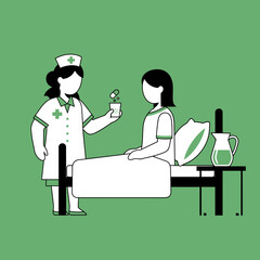 Caring nurse in uniform giving plant to patient on bed minimalist healthcare illustration.