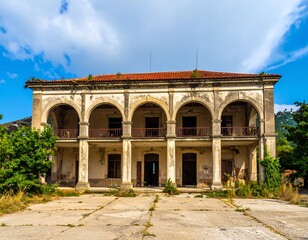 Obraz premium Ruined Mansion, Exterior View, Sunny Day