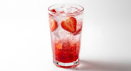 Refreshing strawberry sparkling water with ice cubes in a clear glass on white background