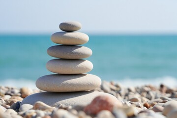 Obraz na płótnie Canvas Nature Background Serene Beach Rocks Stacked in Balance Ocean Background Mindfulness Tranquility