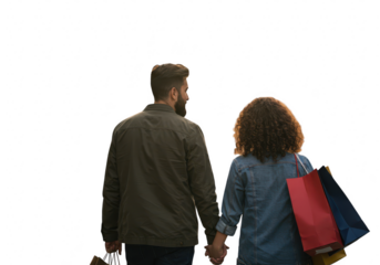 Couple walking and holding hands with shopping bags isolated on transparent background