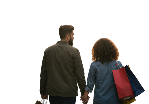 Couple walking and holding hands with shopping bags isolated on transparent background - Powered by Adobe