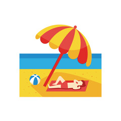 Man sunbathing on beach under striped umbrella with beach ball.