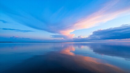Fototapeta premium Nature Background Serene Sunset Reflection on Calm Water Pink and Blue Sky Peaceful Ocean Landscape