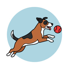 Playful Cartoon Dog in MidAir Jumping Towards a Red Ball Happy Expression.