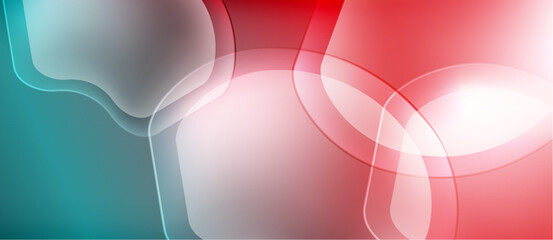 Abstract background features overlapping translucent shapes. Colors blend from teal to red, creating soft gradients. Smooth curves dominate composition.