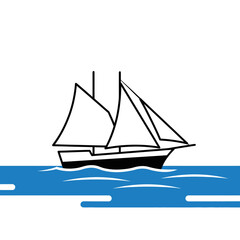 Simple Black and White Sailing Boat Illustration on Blue Water with Sails.