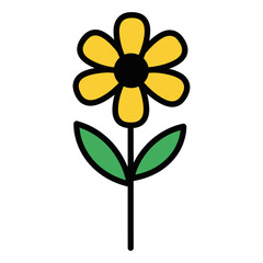 Simple cartoon flower illustration with bright yellow petals a black center green leaves and a black stem.