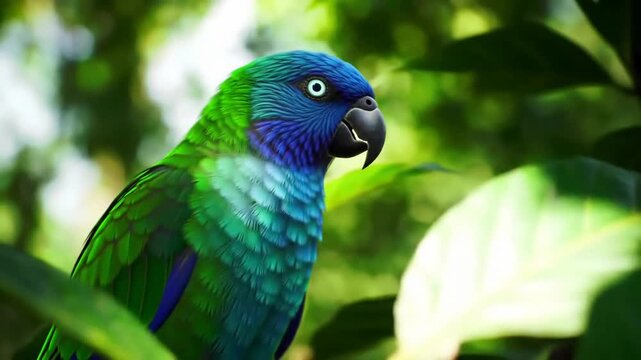 Vibrant parrot perched among lush green foliage in a tropical forest, showcasing its colorful plumage