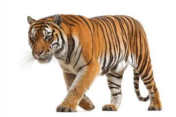 Fototapeta premium Tiger walking, orange and black stripes, against white background