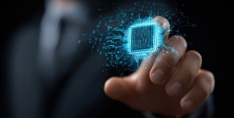 Hand interacting with a glowing digital circuit