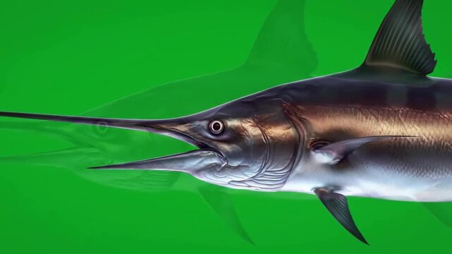 Realistic depiction of a swordfish swimming against a vibrant green background, showcasing its features