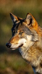 Fototapeta premium Majestic Gray Wolf Portrait Wild Canid in Natural Habitat Golden Hour Light