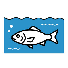 Stylized White Fish Swimming in Blue Water with Bubbles.