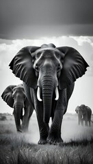 Fototapeta premium Majestic African Elephant Herd in Black and White Walking Across Savanna Grassland