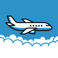 Vector Illustration of a White Airplane Flying in a Blue Sky with Clouds.