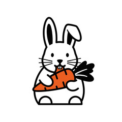 Adorable cartoon white rabbit holding a vibrant orange carrot.