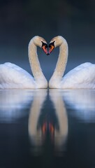 Fototapeta premium Two Swans Forming a Heart Shape on Serene Water Romantic Wildlife Nature Scene