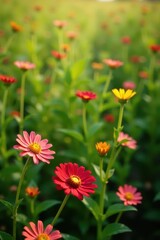 Fototapeta premium Rustic field, muted green & red daisies, soft light, soft, wild daisies, springtime