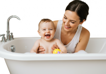 Mother bathing her happy baby in a bathtub, isolated on transparent background