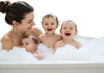 Mother bathing with three happy babies in a bubble bath, isolated on transparent background