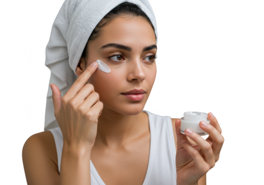 Woman applying face cream with a towel on her head, isolated on transparent background