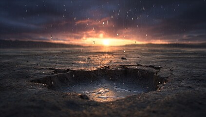 Rain-soaked, cracked earth at sunset