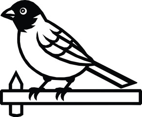 Vector art of silhouette of a sparrow perched on a wooden fence isolated on white background.