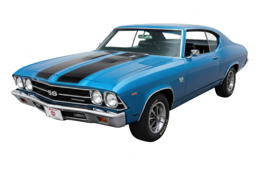 Blue classic muscle car with black stripes isolated on white isolated on transparent background