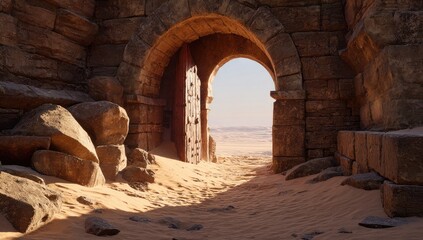 Ancient arched doorway in desert sand, sunlight peeks through