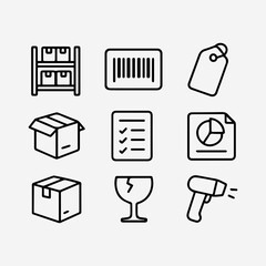 Nine Linear Icons Depicting Logistics and Inventory Management.