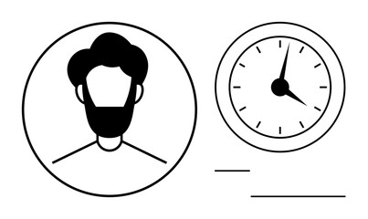 Black-and-white profile portrait beside a clock emphasizing person and time connection. Ideal for productivity, time management, scheduling, personal development, punctuality, efficiency, simple flat © robu_s