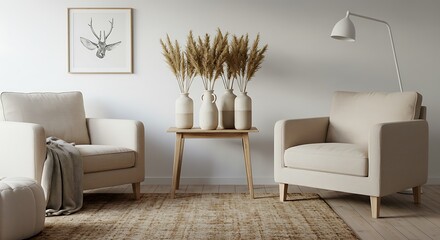 Serene living room with neutral tones, pampas grass, and deer artwork