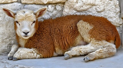 Naklejka premium Adorable Brown and White Lamb Lying Near Stone Wall
