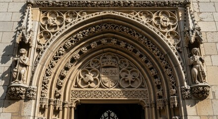 Obraz premium Intricate Gothic Archway: Detailed Stone Carvings, Architectural Ornamentation, Historical Design.