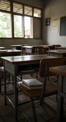Empty Classroom with Wooden Desks and Chairs Natural Light Bright Atmosphere Educational Space