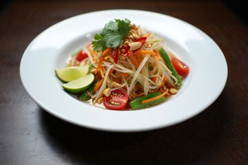A plate of food with vegetables and a lime