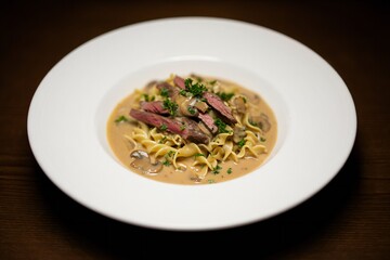 A white plate topped with pasta and meat