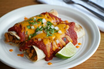 A plate with two burritos and a lime