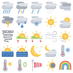 Weather icon collection Isolated on white. Containing rain, sun, cloudy, snowy. Flat icon style.