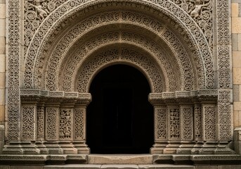 Fototapeta premium Intricate Stone Carving of an Ancient Arched Entrance with Detailed Figurative and Geometric Motifs