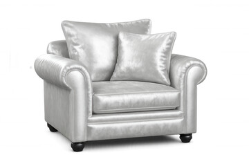 Fototapeta premium White leather armchair featuring plush cushions, floating against transparent backdrop, ideal for minimalist interior rendering