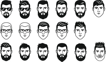 Silhouettes of 20 male heads with diverse hairstyles, beards, and accessories for grooming, avatar design, fashion, and character creation