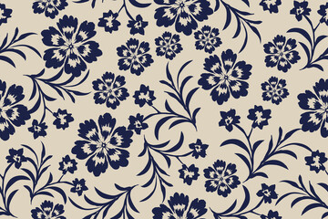 Chic seamless floral pattern with navy blue flowers and leaves on a beige background, ideal for fabric, wallpaper, stationery, and modern textile designs.