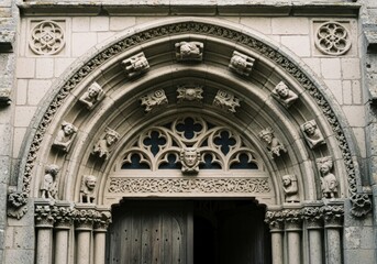 Obraz premium Intricate Medieval Church Portal: Sculpted Archway with Figures, Stone Carvings, and Gothic Details.