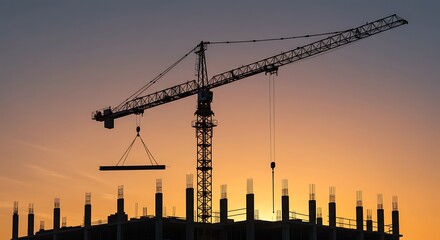 Silhouette of Construction Crane at Sunset Lifting Beam