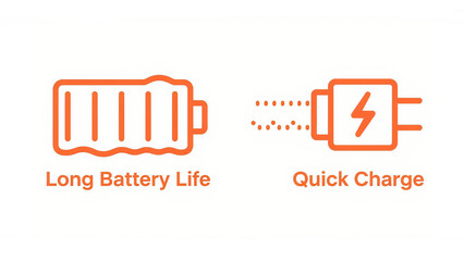 Fototapeta premium The orange icon displays symbols for long battery life and fast charging, electronic device battery performance, digital product promotion, and is suitable for mobile office and travel scenarios.