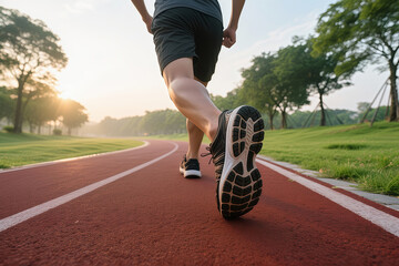 The silhouette of a runner in the park, illuminated from behind, with the distinct pattern on the sole of their running shoes, and the robust legs of an Asian person.