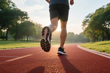 The silhouette of a runner in the park, illuminated from behind, with the distinct pattern on the sole of their running shoes, and the robust legs of an Asian person.